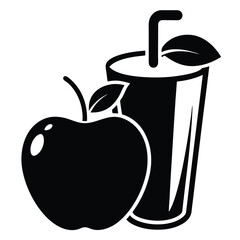 Silhouette of Apple with Juice Drink featuring Straw and Leaves for Healthy Lifestyle