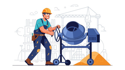 Construction Worker and Concrete Mixer: A construction worker meticulously operates a concrete mixer, embodying the spirit of diligent labor and construction.