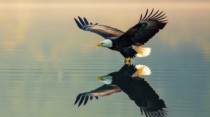 Illustration of bald eagle gracefully descends towards the tranquil lake, its reflection mirroring its majestic form in the still water, creating a serene and captivating scene