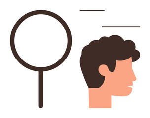 Profile silhouette of male head next to a magnifying glass symbolizing focus, analysis, research, investigation, examination, problem-solving, brainstorming, exploration. Ideal for education