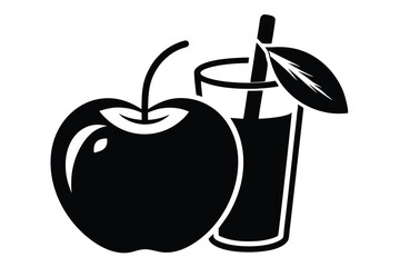 Black and White Illustration Apple and Tall Glass of Fresh Juice Drink