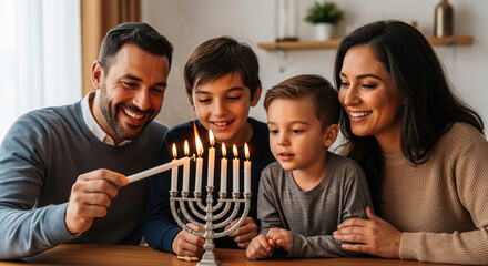 Hanukkah celebration with happy family lighting menorah candles. Hanukkah observed by joyful family involves lighting traditional candles with children.