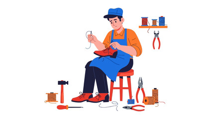 Artisan Crafting Footwear: A skilled artisan diligently crafts a shoe, showcasing the age-old art of shoemaking with focus and dedication, amidst his tools and materials.