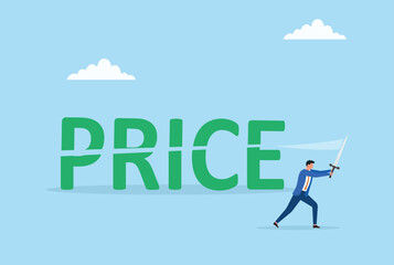 Vector illustration of a businessman cutting the word 'PRICE' with a sword, symbolizing cost reduction, financial strategy, negotiation, and business success
