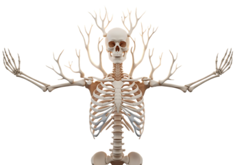 Skeleton with branches growing from its head and arms, isolated on transparent background