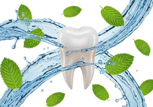 Healthy tooth with water splash and green leaves isolated on white isolated on transparent background