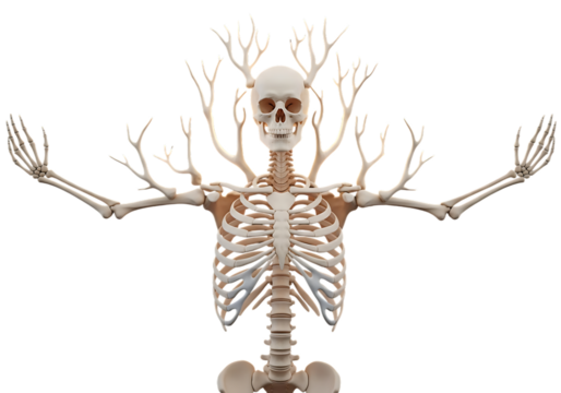Skeleton with branches growing from its head and arms, isolated on transparent background