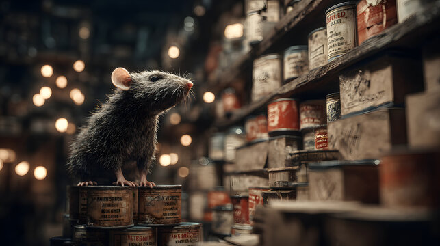 A rat perched on a stack of canned goods in a dark, luttered storage area.