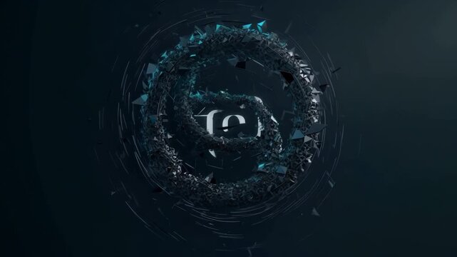 Abstract digital logo formation with shattered particles, creating a dynamic visual effect