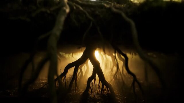 Illuminated tree roots warm light create dark, mysterious forest scene with glowing roots and lush