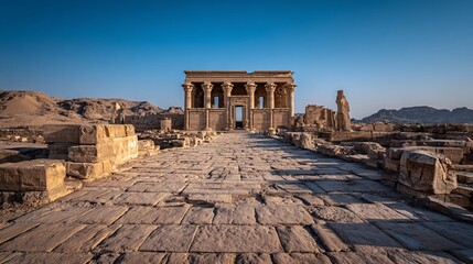 Fototapeta premium Ancient Stone Path Leads to Temple Ruins in Egyptian Desert Landscape