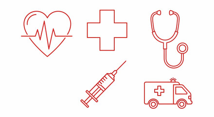 A collection of red outline medical icons including a heartbeat, first aid cross, stethoscope, syringe, and ambulance, isolated on a white background