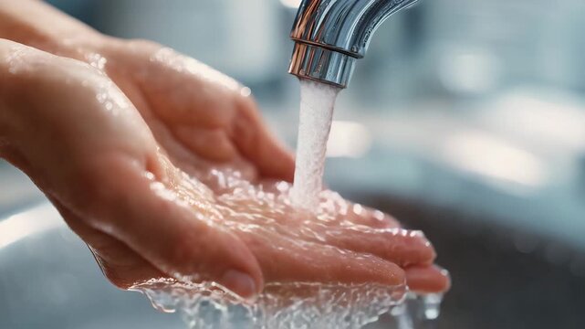 Close up of human hand under running water from faucet concept of hygiene health and clean water resource saving environment and daily life routine