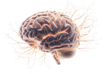 Human brain with glowing neural network, isolated on transparent background