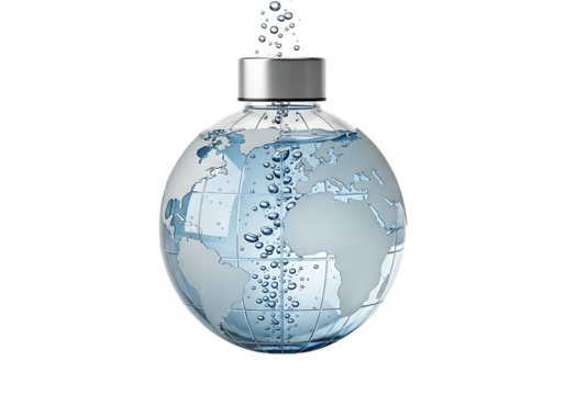 Glass globe filled with water and air bubbles, isolated on transparent background