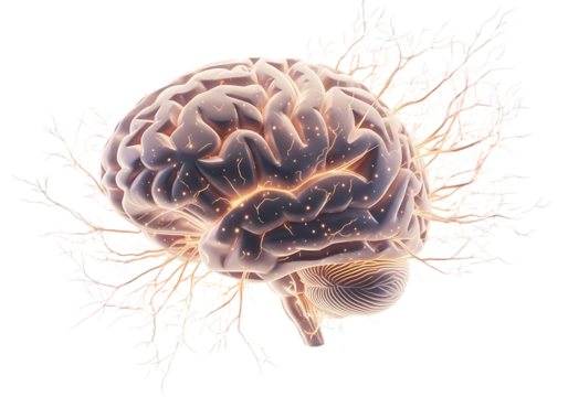 Human brain with glowing neural network, isolated on transparent background