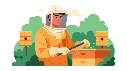 Beekeeper at Work: A diligent beekeeper in protective gear tends to a hive, surrounded by vibrant greenery and symbolic bee houses. This illustration captures the essence of apiculture.