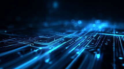 Dynamic abstract blue glowing circuit board lines create a futuristic digital network flow representing data transmission and advanced technology.