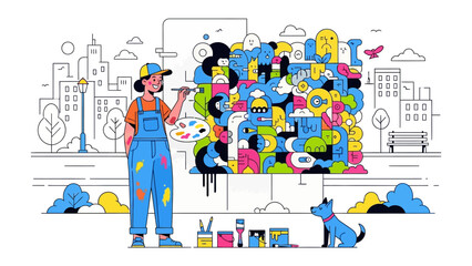 Artistic Expression in the City: An artist passionately crafts a vibrant mural with a playful dog in the city, capturing the essence of creativity and urban beauty. © mahmuda428