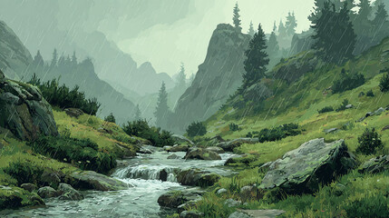 Obraz premium Stream in Mountain Forest with Rain and Fog
