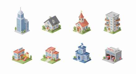 Obraz premium Charming isometric buildings collection showcasing city landmarks like school, hospital, and fire station
