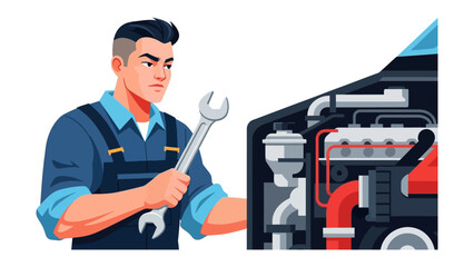 Mechanic Analyzing Engine: A skilled mechanic intently examines the engine of a vehicle with a wrench in hand, his focus and expertise radiating through this digitally rendered illustration. 
