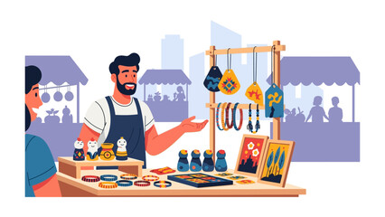 Artisan's display: A vendor at a local craft fair showcases his handcrafted items, engaging a customer with the passion and allure of artisanal creations.