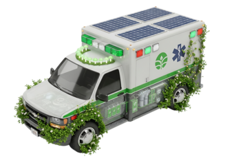 Ambulance with solar panels and greenery, isolated on transparent background