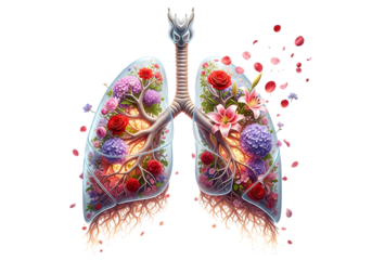 Human lungs filled with blooming flowers isolated on transparent background