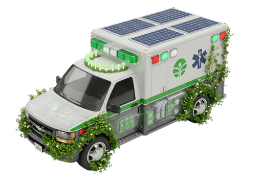 Ambulance with solar panels and greenery, isolated on transparent background - Powered by Adobe