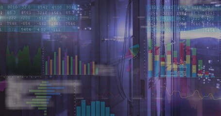 Floating digital data charts overlaying server racks at data center, with cables and glass panels