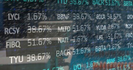 Fototapeta premium Displaying ticker symbols with percentages over round cafe table, metal chairs and laptop computer