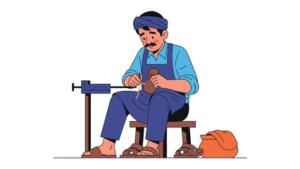 Craftsmanship at Work: A dedicated artisan meticulously working on a leather good in a detailed illustration, showcasing the art of traditional craft with focus and skill.