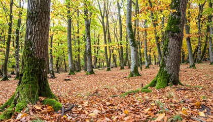 Autumnal forest scene showcasing a dense grove of trees with vibrant fall foliage, a carpet of fallen leaves, and mossy tree bases.