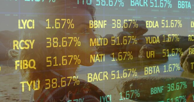 Standing woman in shawl watching sunset on beach, with ticker symbols and percentages, copy space