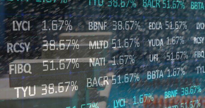 Displaying ticker symbols with percentages over round cafe table, metal chairs and laptop computer