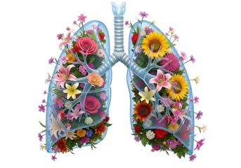 Human lungs filled with colorful flowers isolated on transparent background