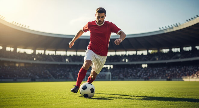Soccer player kicks ball in stadium on sunny day. Soccer player shows great skill, dribbling with confidence and determination on field. See soccer player in action for sports advertising,