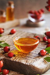Rosehip seed oil in a glass bowl