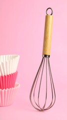 A whisk and cupcake liners on pink