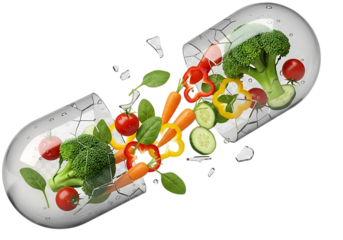 Open capsule filled with fresh vegetables isolated on transparent background