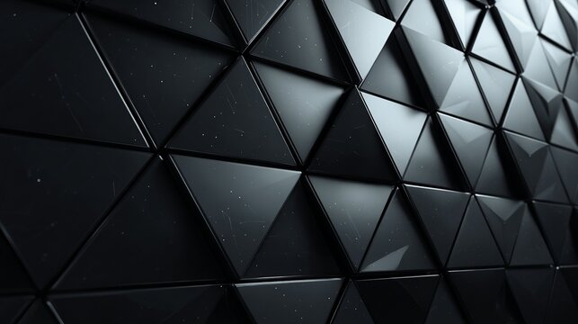 Sleek dark geometric triangular pattern with subtle light reflections creating a modern, sophisticated, and abstract background for technology and design