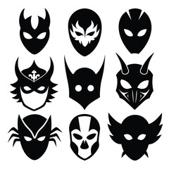 Nine Black Superhero Masks and Villain Masks with Unique Designs and Expressions Illustrations