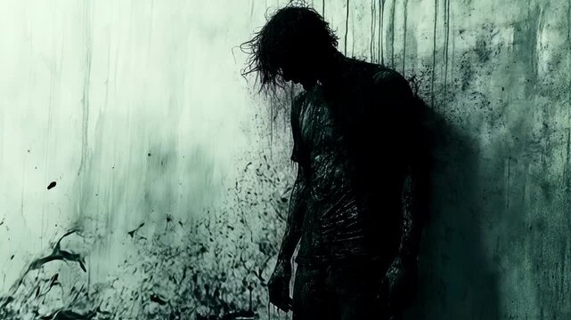 Abstract portrayal of a distressed figure merging with dark ink-like splashes against a textured wall
