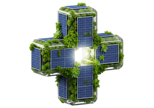 Cross shape made of solar panels and green plants isolated on transparent background