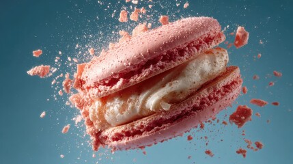 Pink Macaron Exploding with Crumbs on Blue Background.