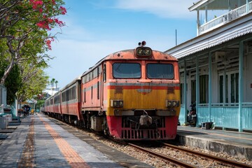 Obraz premium Classic Diesel Engine at Hua Hin Railroad Station: A Journey through Siam's Transportation Heritage