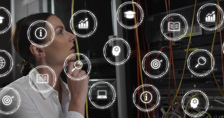 Inspecting woman engineer monitoring server racks at data center with cables, icons, copy space