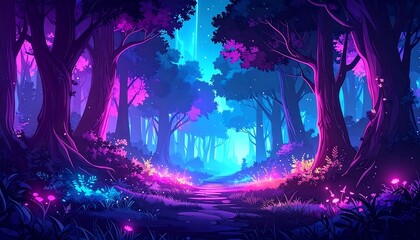 Mystical neon forest path