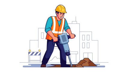 Construction Worker: A construction worker in a safety helmet, vest, and work clothes operates a jackhammer on a construction site. Capturing the essence of construction and labor